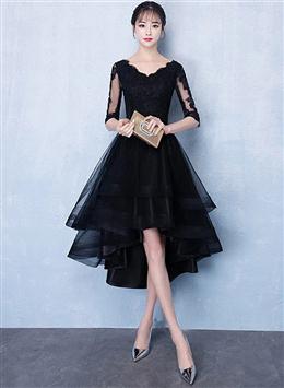 Picture of High Low Black Color V-neckline Short Sleeves Homecoming Dresses, Black Color Prom Dresses